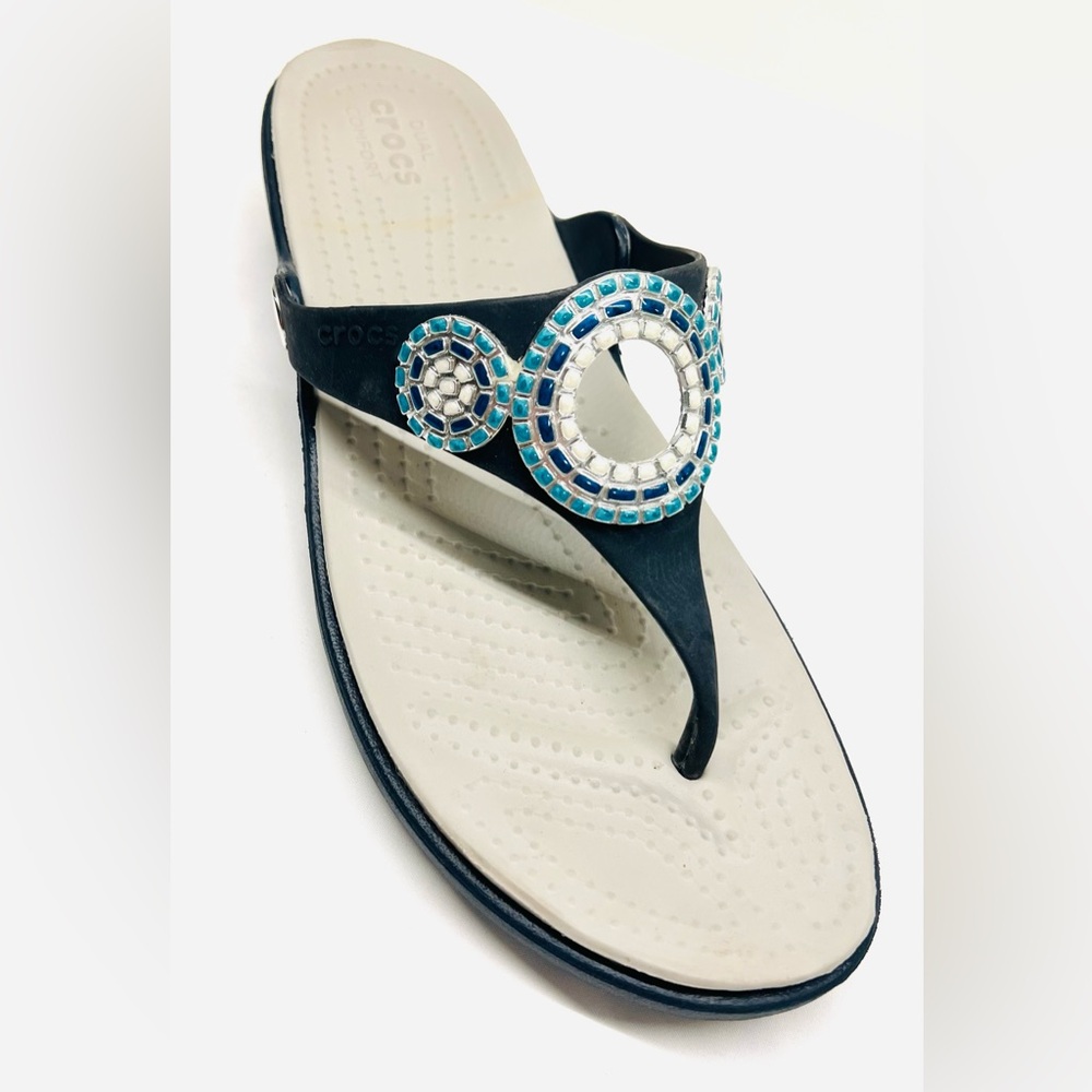 Crocs Sanrah Diamante Wedge Flip Sandals Size 11 NAVY Embellished